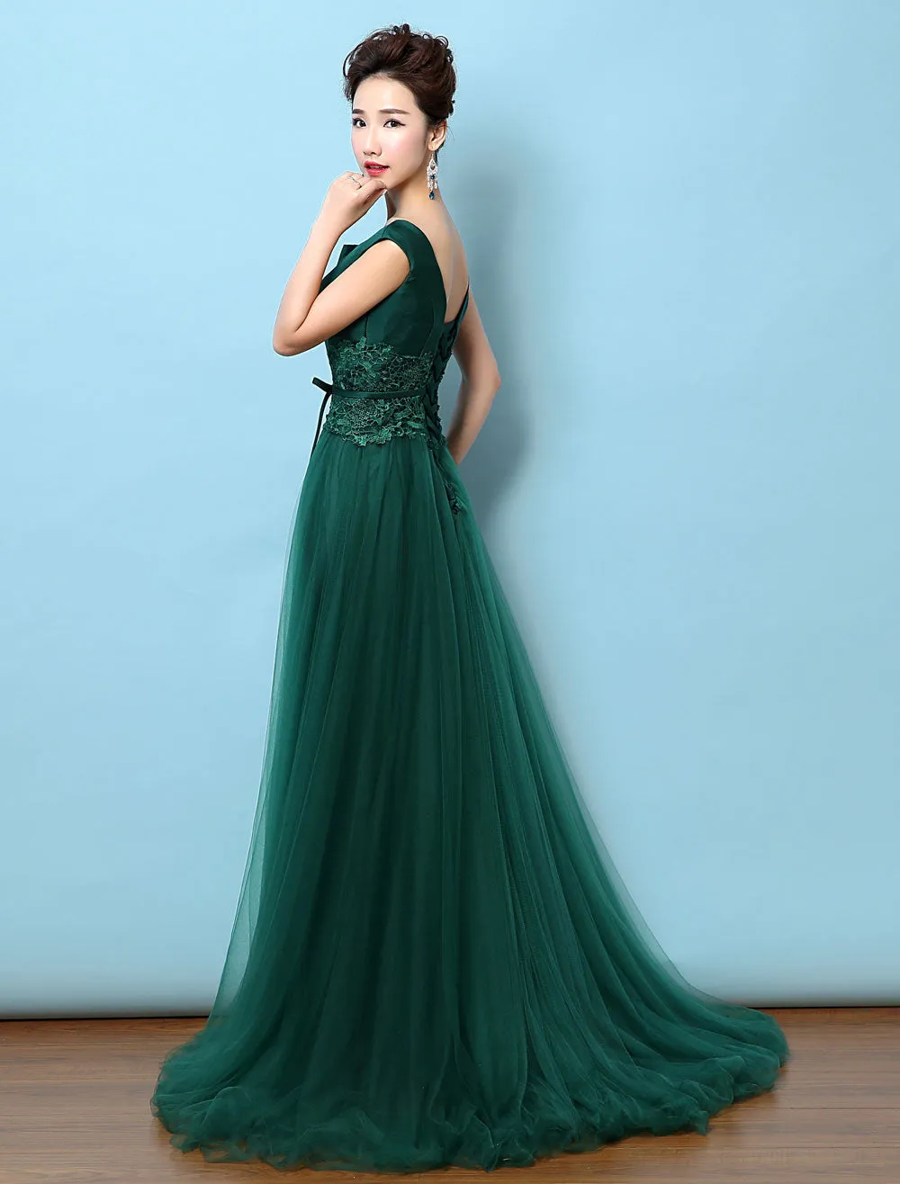 Dark Green Notched Neckline Tulle Evening Dress Backless Mother's Dress