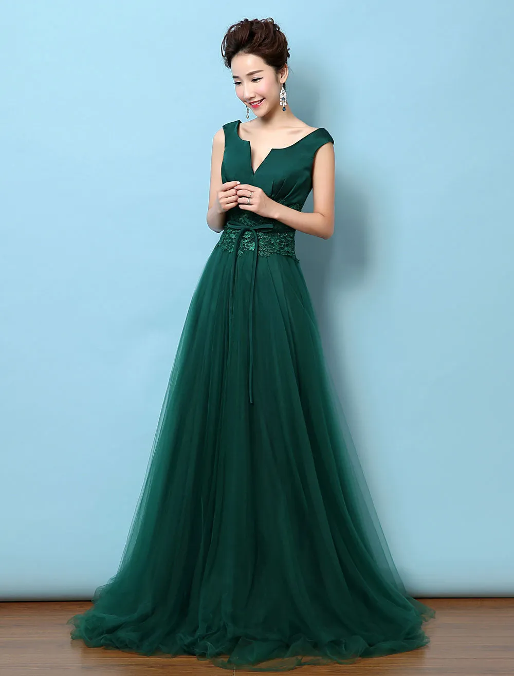 Dark Green Notched Neckline Tulle Evening Dress Backless Mother's Dress