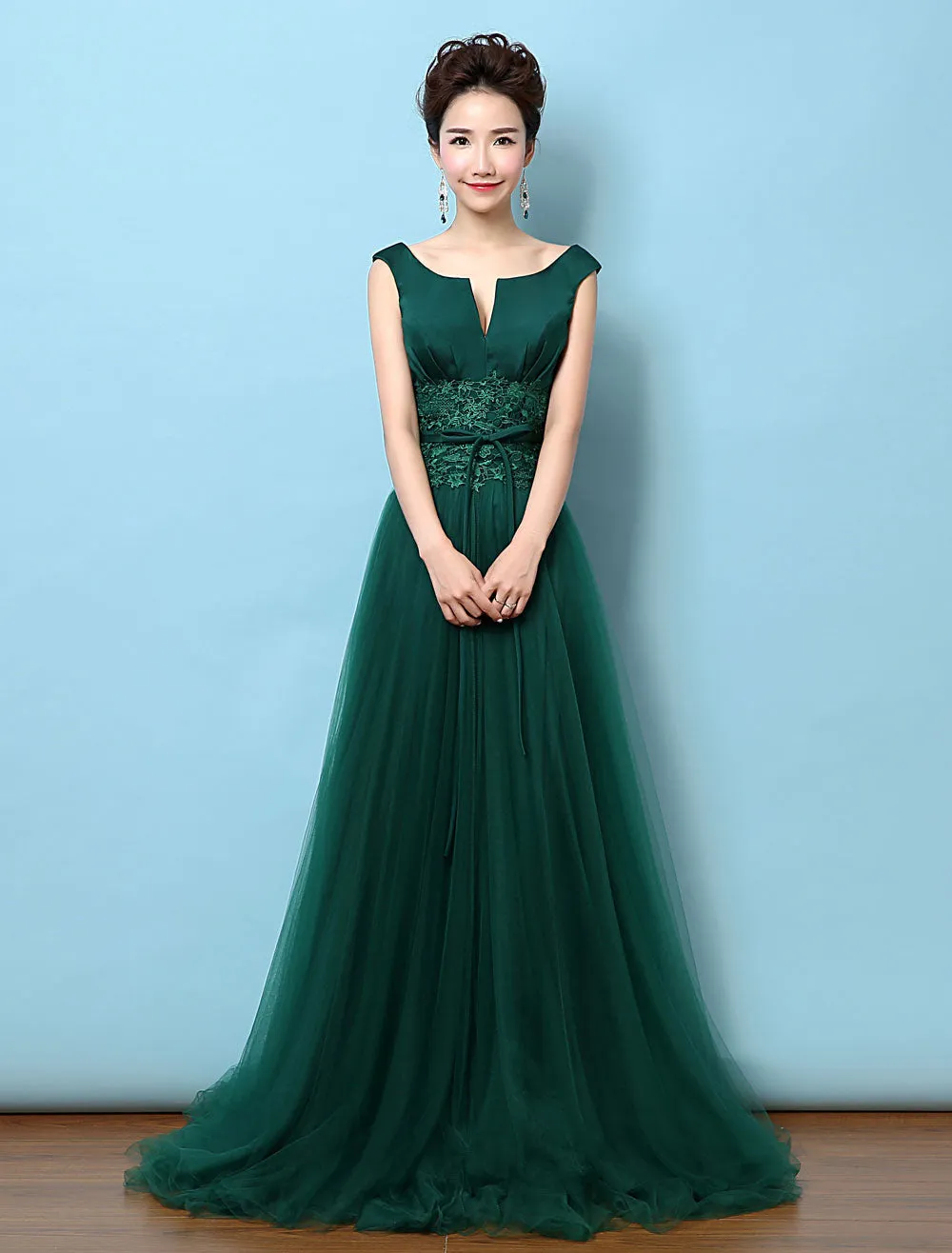 Dark Green Notched Neckline Tulle Evening Dress Backless Mother's Dress