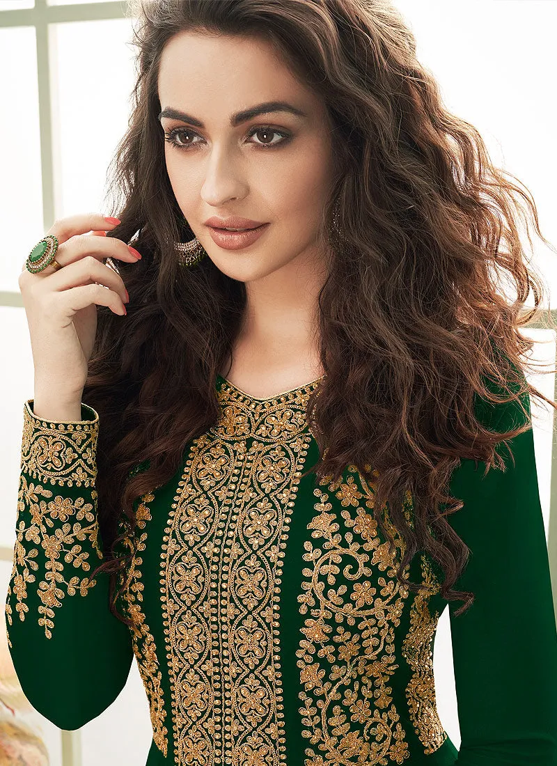 Dark Green Slit Style Embroidered Anarkali Suit