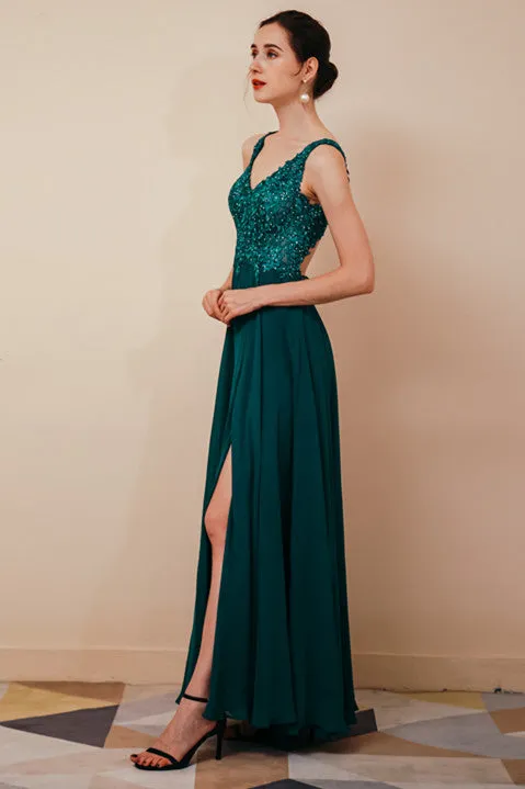 Dark Green V-neck Open-back Sleeveless Lace Evening Dress