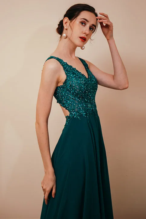 Dark Green V-neck Open-back Sleeveless Lace Evening Dress