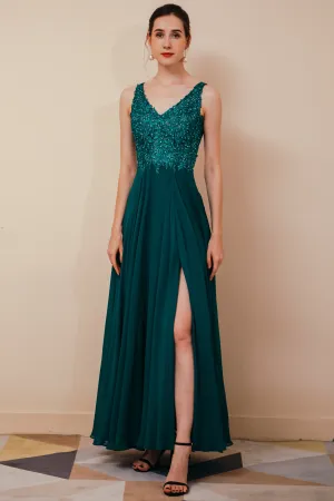 Dark Green V-neck Open-back Sleeveless Lace Evening Dress
