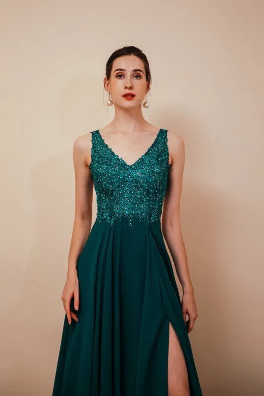 Dark Green V-neck Open-back Sleeveless Lace Evening Dress
