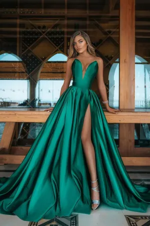 Deep Double V-neck Evening Maxi Dress Satin Front Split Party Gowns