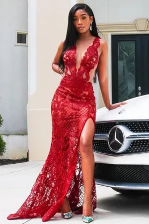 Deep V-Neck Red Prom Party GownsFloral Lace Appliques Split Front Party Dress