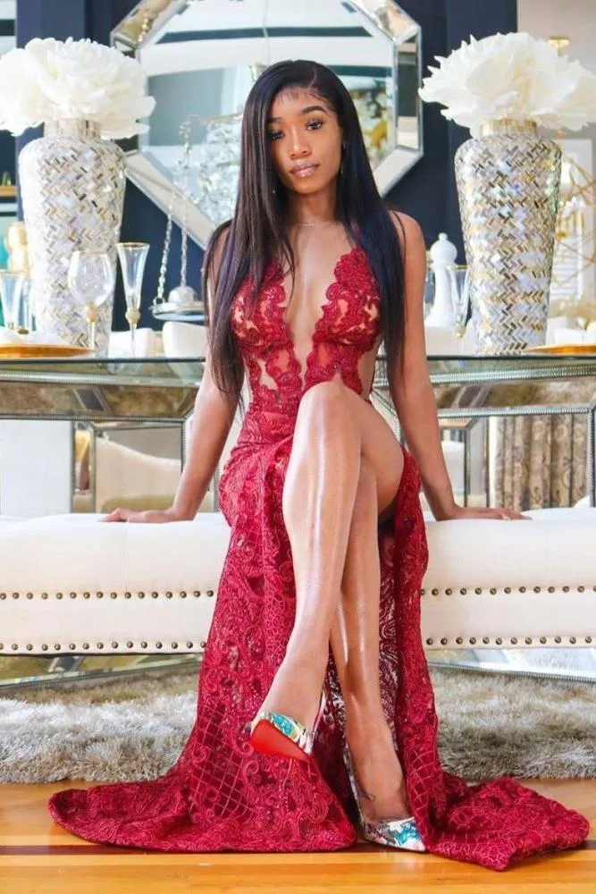 Deep V-Neck Red Prom Party GownsFloral Lace Appliques Split Front Party Dress