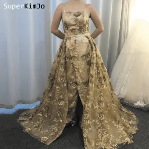 detachable skirt evening dresses long gold sequin elegant appliqué evening gown 2020 vestido de Longo