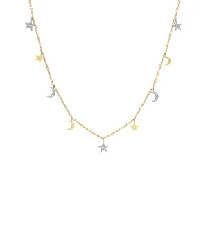 Diamond Star-Moon Charm Long Necklace