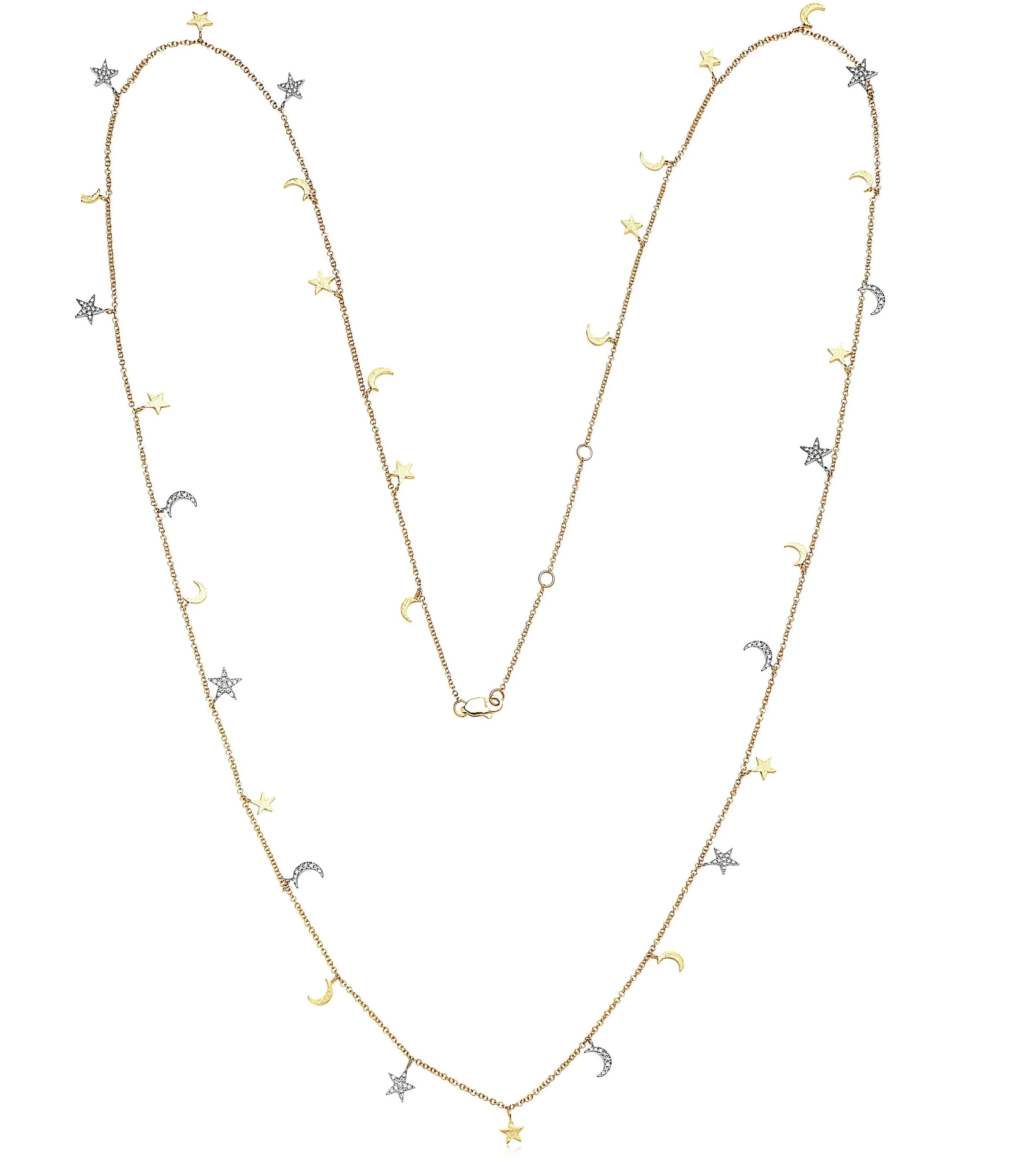 Diamond Star-Moon Charm Long Necklace