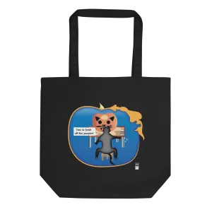 Eco Tote Bag with Cat Carving Pumpkin Illustration, black or beige