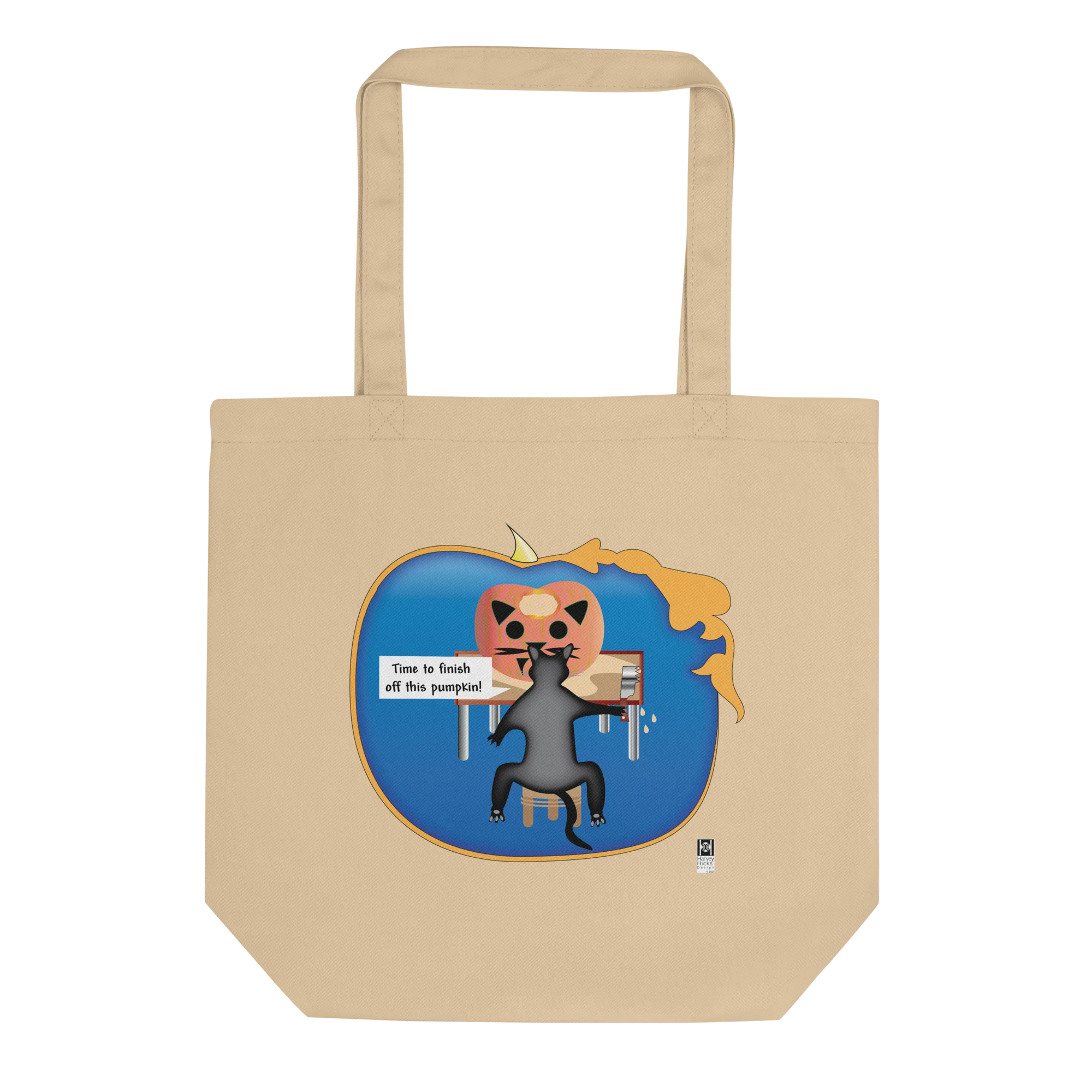 Eco Tote Bag with Cat Carving Pumpkin Illustration, black or beige