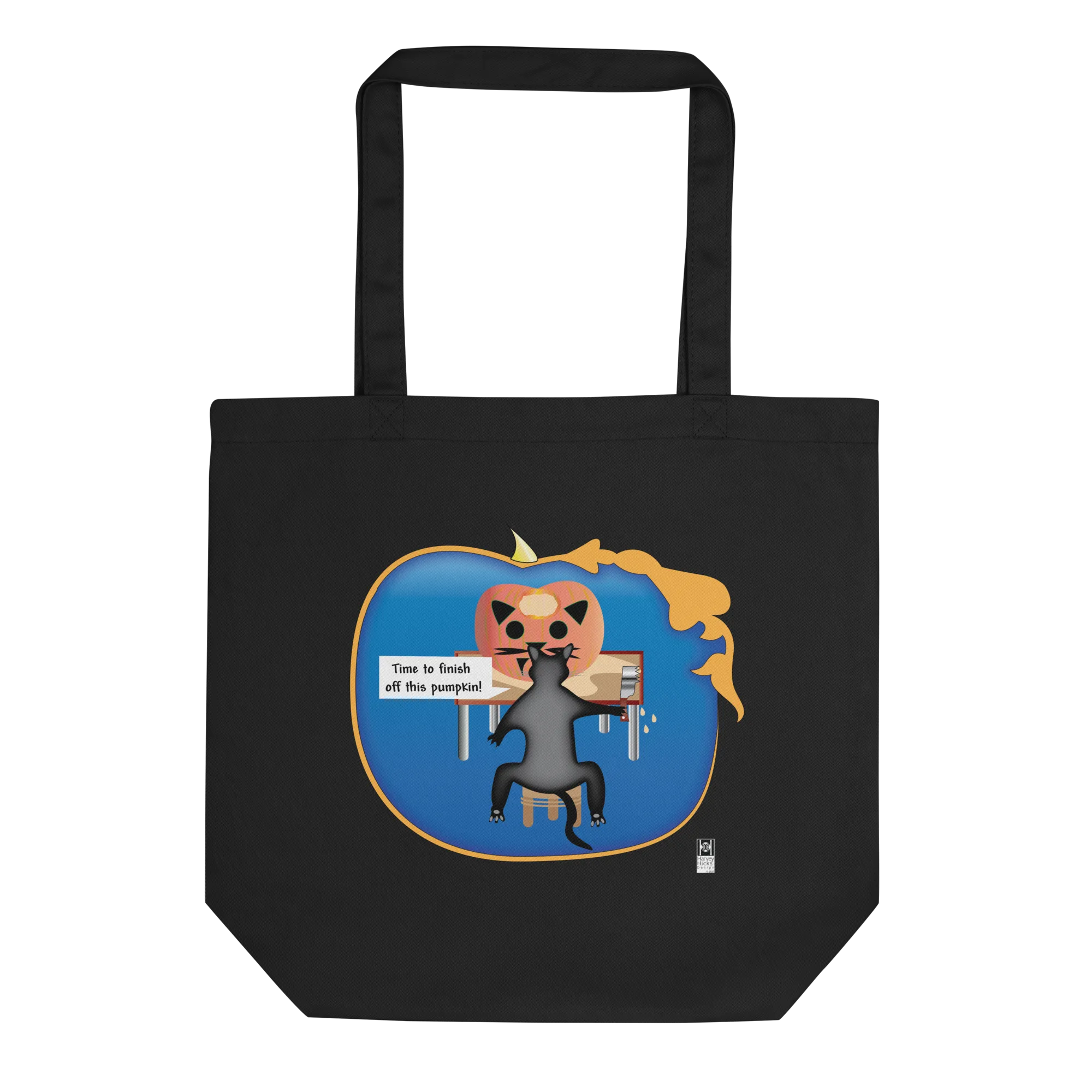 Eco Tote Bag with Cat Carving Pumpkin Illustration, black or beige