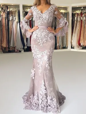Eleagnt Evening Dress Mermaid V Neck Long Sleeves Zipper Lace Satin Fabric Formal Party Dresses With Train