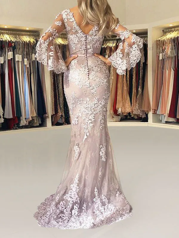 Eleagnt Evening Dress Mermaid V Neck Long Sleeves Zipper Lace Satin Fabric Formal Party Dresses With Train