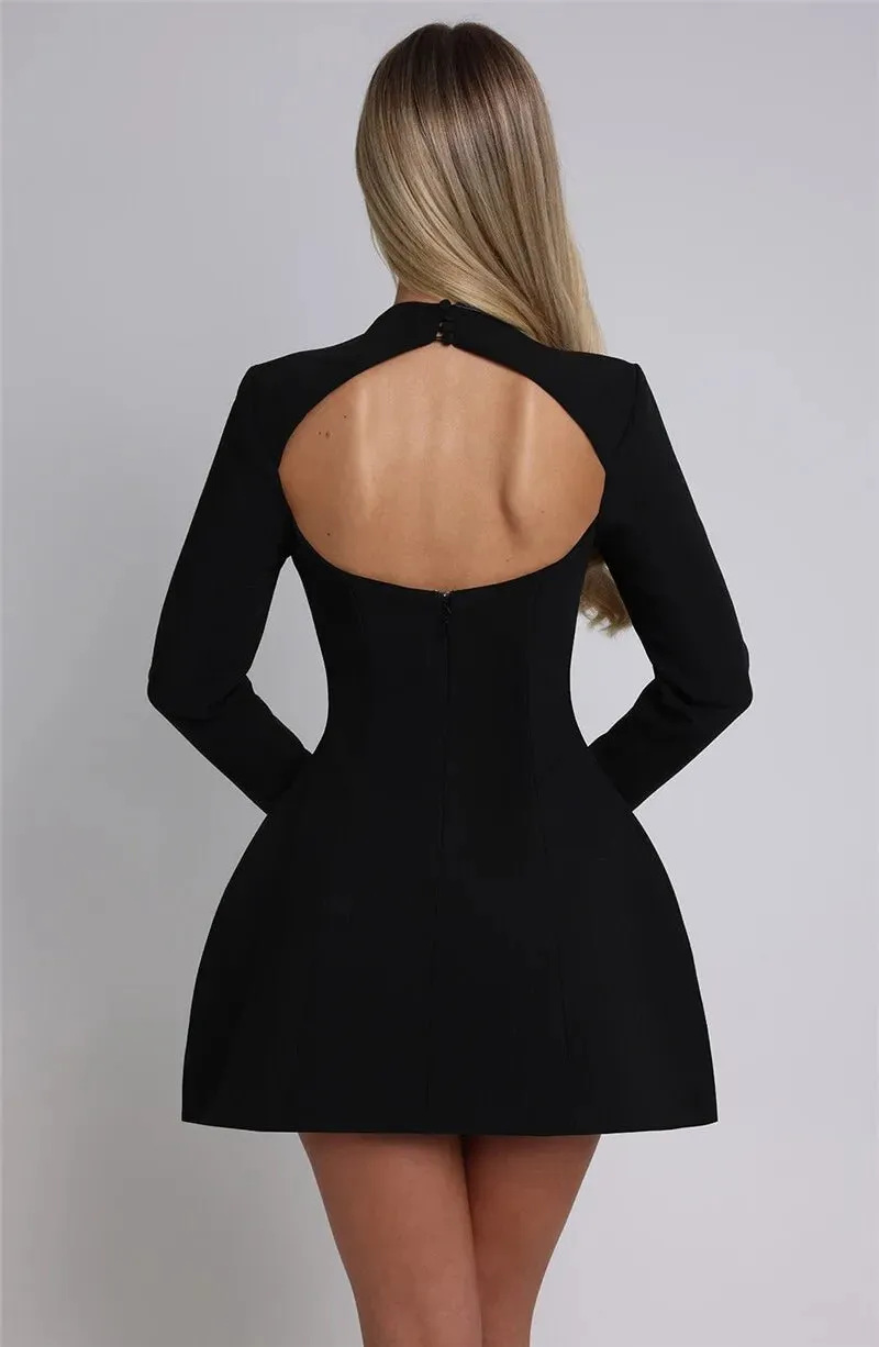 Elegant Long-Sleeve Backless Black Mini Dress for Chic Occasions