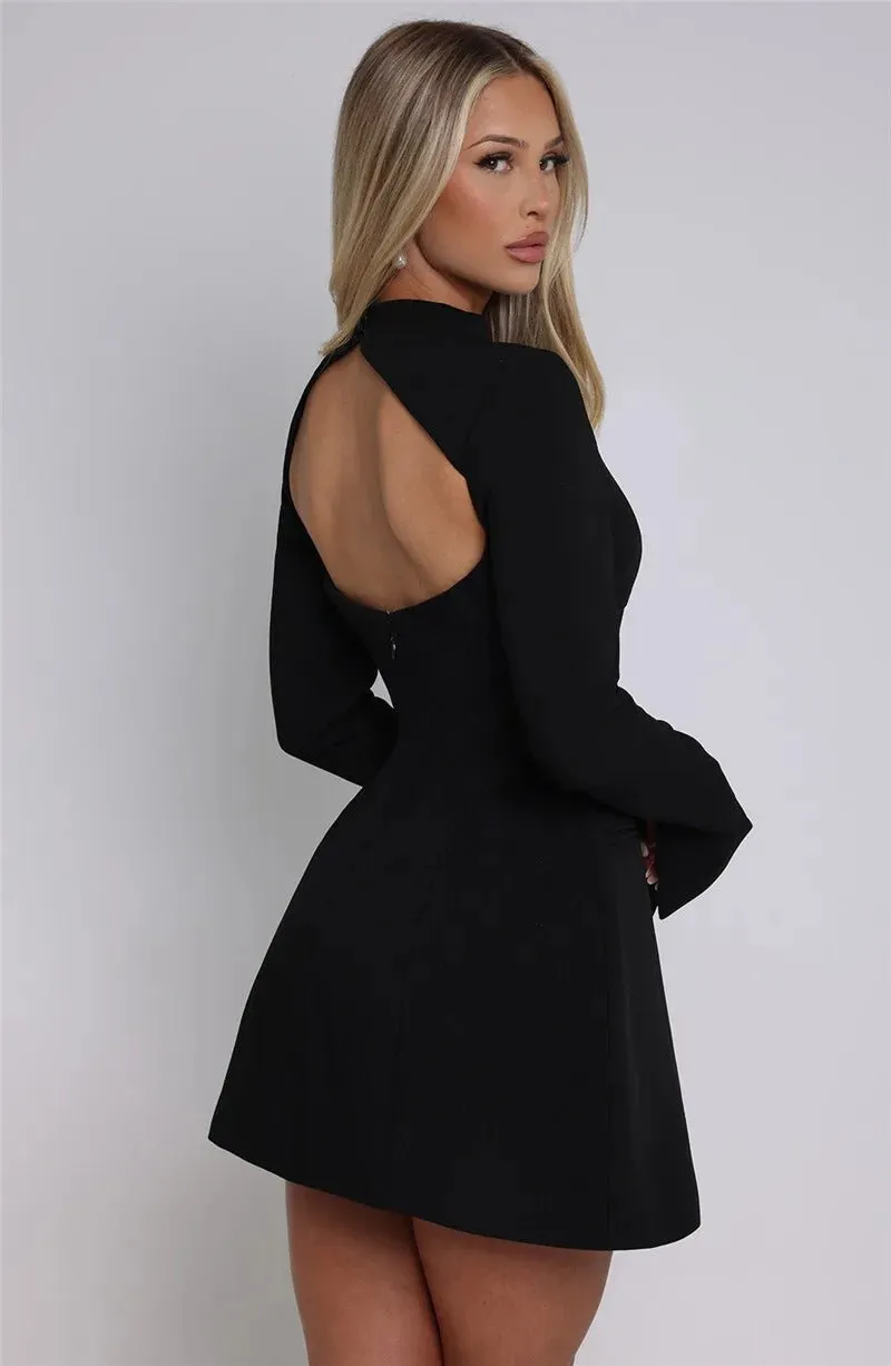 Elegant Long-Sleeve Backless Black Mini Dress for Chic Occasions