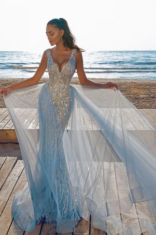 Elegant V-Neck Slim Prom Party Gowns with Detachable Train Mermaid Evening Dress