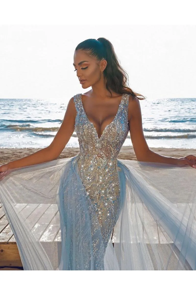 Elegant V-Neck Slim Prom Party Gowns with Detachable Train Mermaid Evening Dress