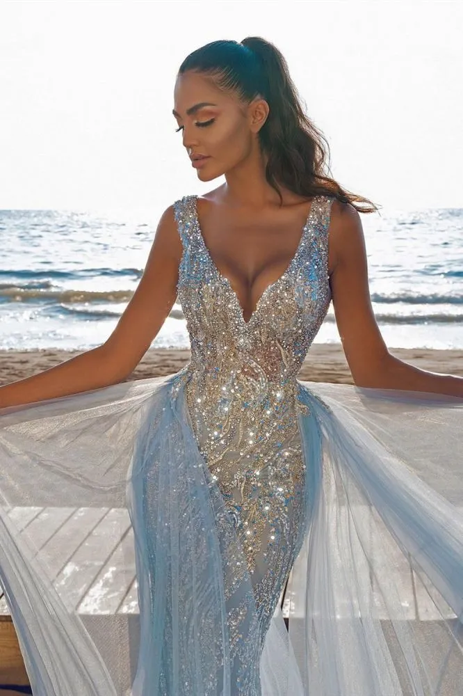 Elegant V-Neck Slim Prom Party Gowns with Detachable Train Mermaid Evening Dress