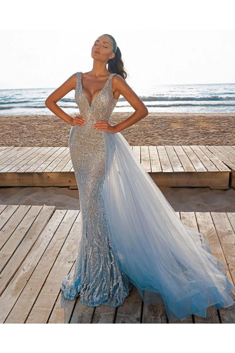 Elegant V-Neck Slim Prom Party Gowns with Detachable Train Mermaid Evening Dress