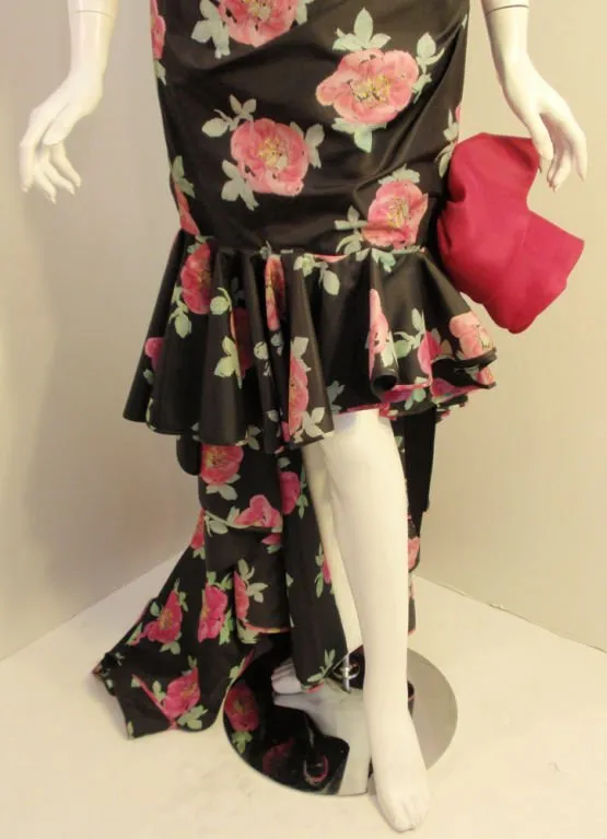 EMANUEL UNGARO 1980s Black and Pink Floral Strapless Gown