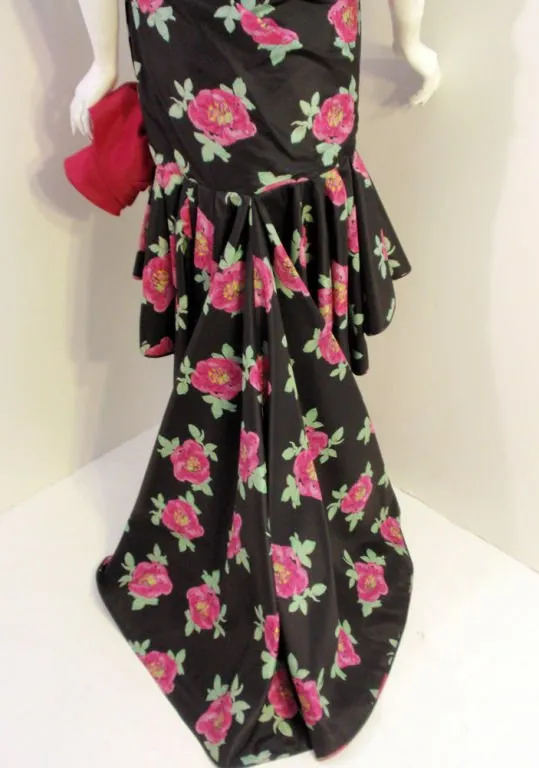 EMANUEL UNGARO 1980s Black and Pink Floral Strapless Gown