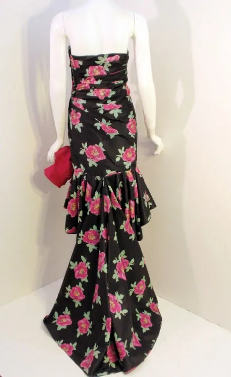 EMANUEL UNGARO 1980s Black and Pink Floral Strapless Gown