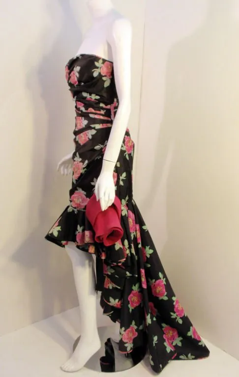 EMANUEL UNGARO 1980s Black and Pink Floral Strapless Gown
