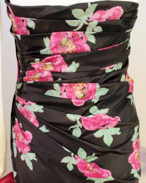EMANUEL UNGARO 1980s Black and Pink Floral Strapless Gown