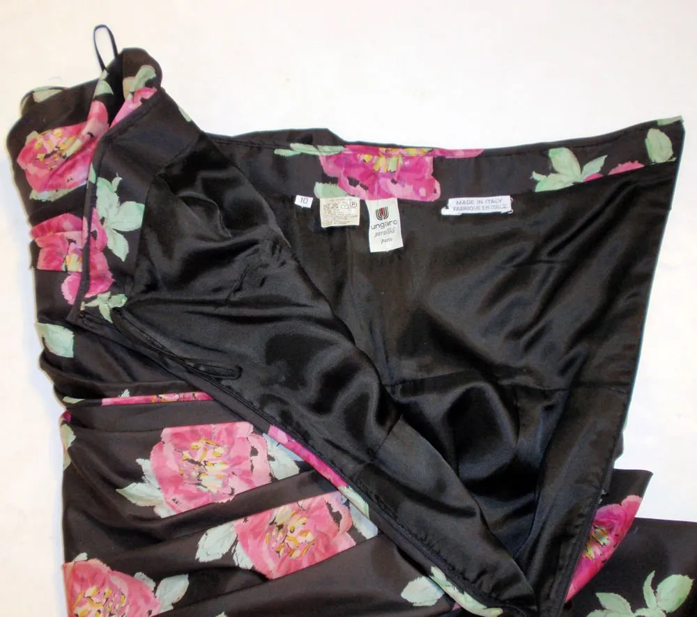 EMANUEL UNGARO 1980s Black and Pink Floral Strapless Gown