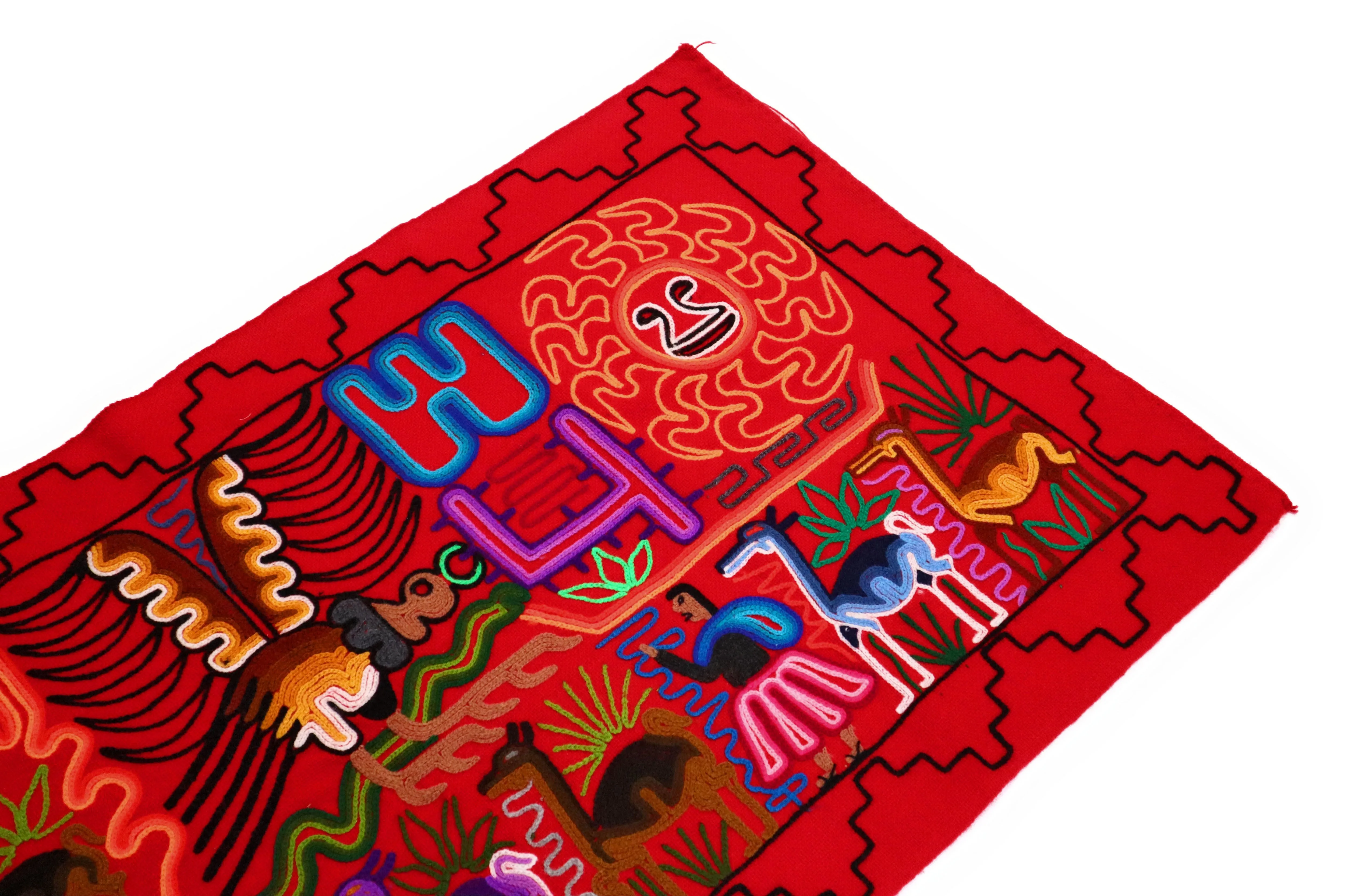 Embroidered Peruvian Wool Tapestry. Decorating Artwork for Table, Wall Hanging for Bedroom or Living Room. Countrylife 42.25"L X 21.5" W. Red