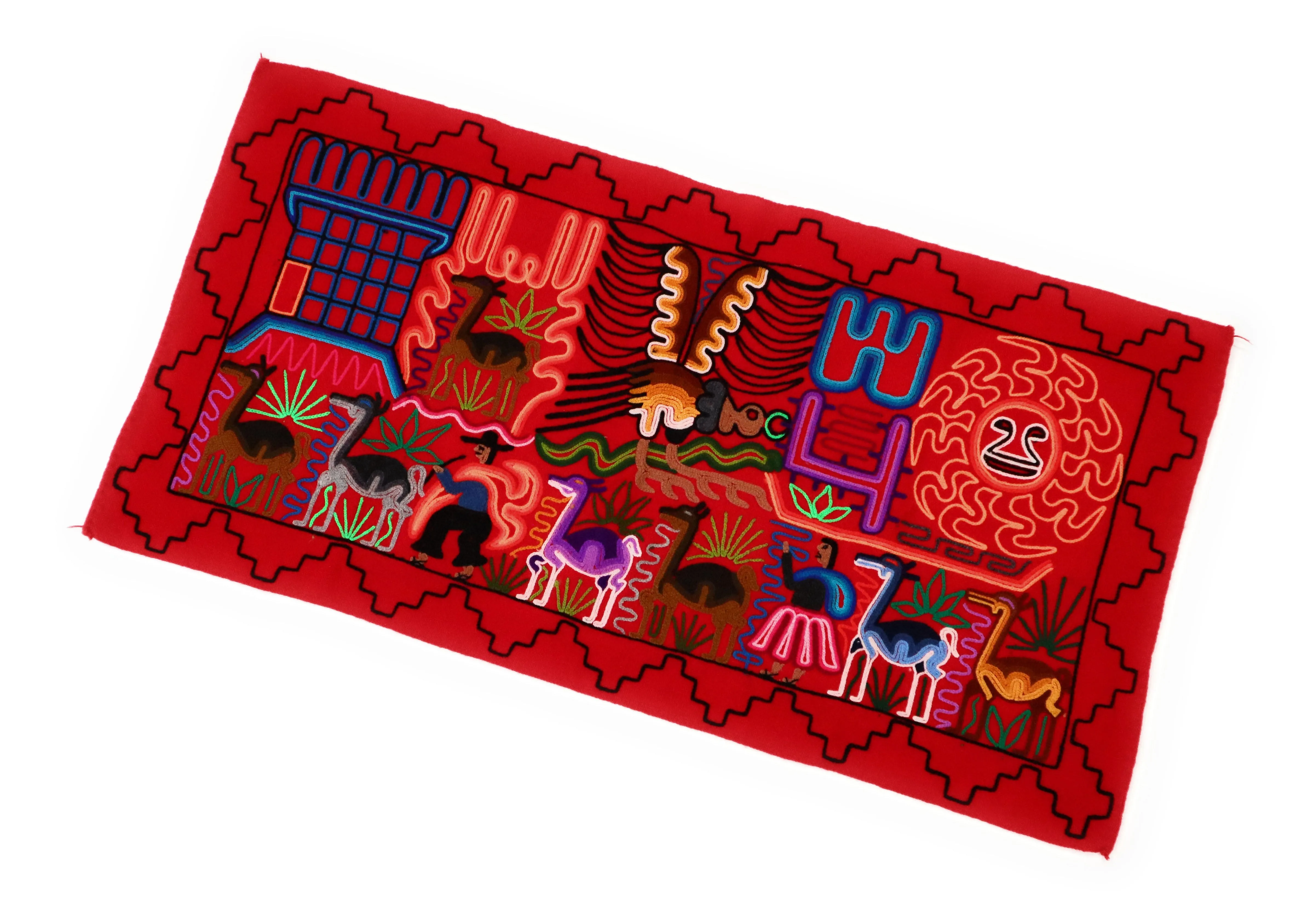 Embroidered Peruvian Wool Tapestry. Decorating Artwork for Table, Wall Hanging for Bedroom or Living Room. Countrylife 42.25"L X 21.5" W. Red