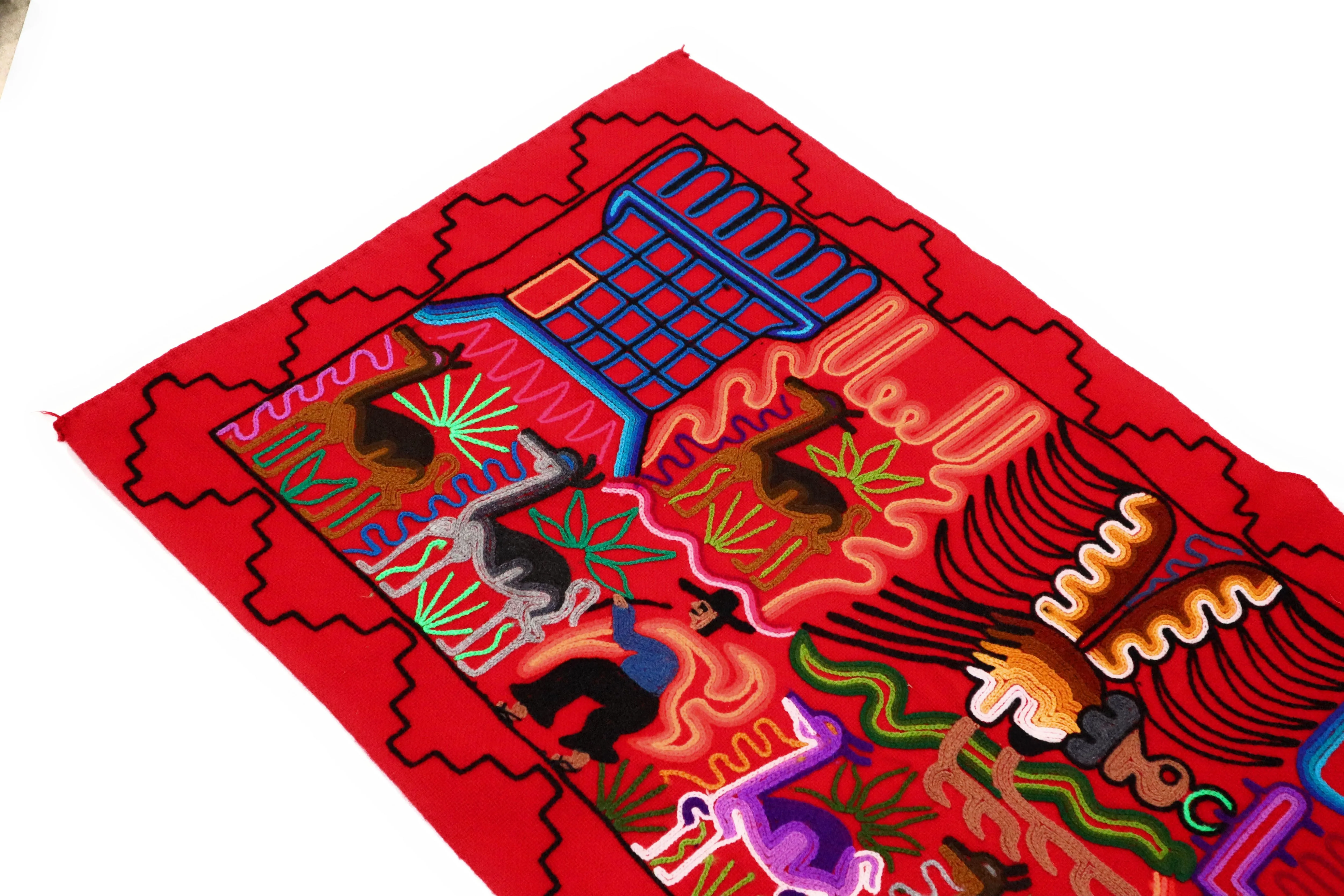 Embroidered Peruvian Wool Tapestry. Decorating Artwork for Table, Wall Hanging for Bedroom or Living Room. Countrylife 42.25"L X 21.5" W. Red