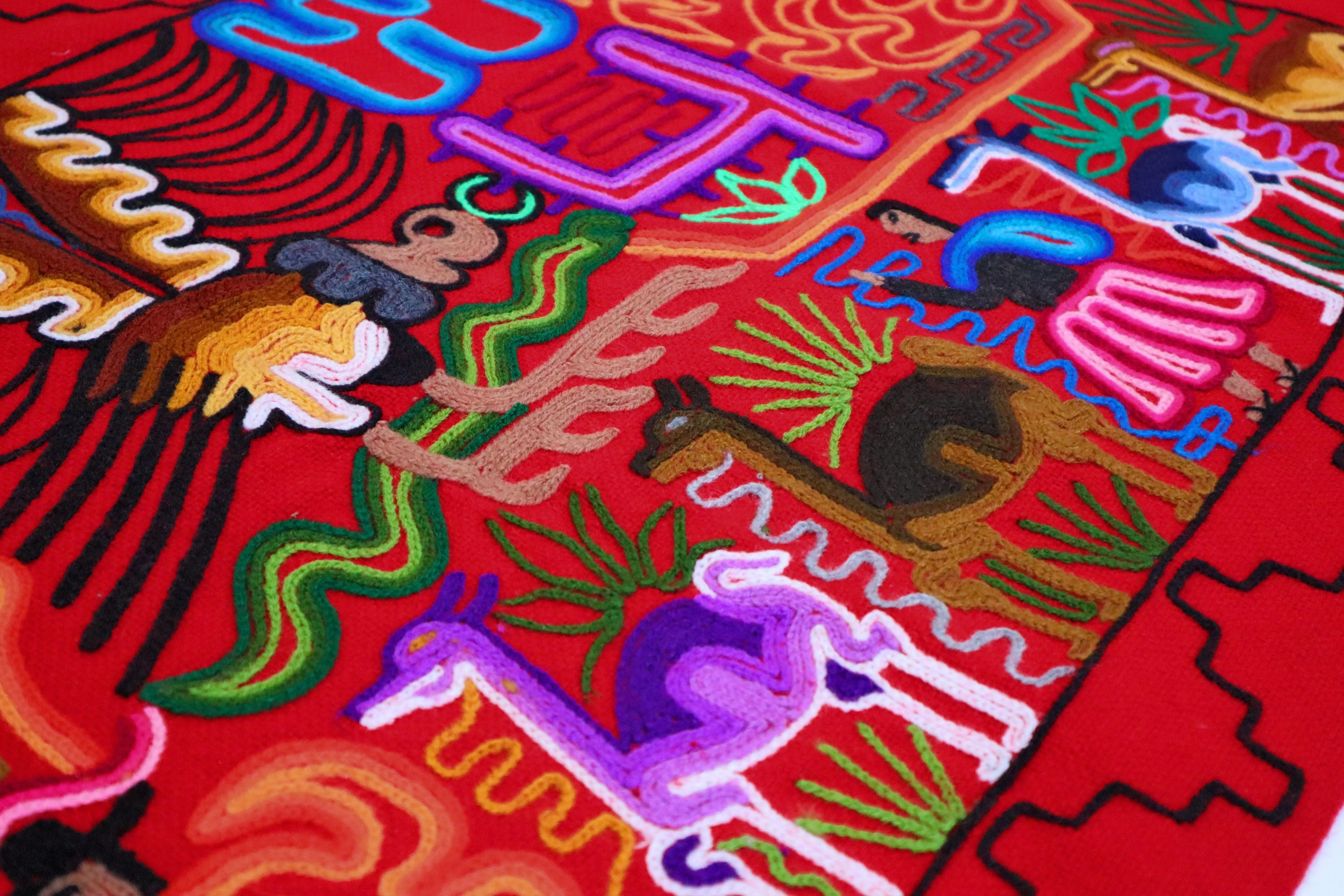 Embroidered Peruvian Wool Tapestry. Decorating Artwork for Table, Wall Hanging for Bedroom or Living Room. Countrylife 42.25"L X 21.5" W. Red