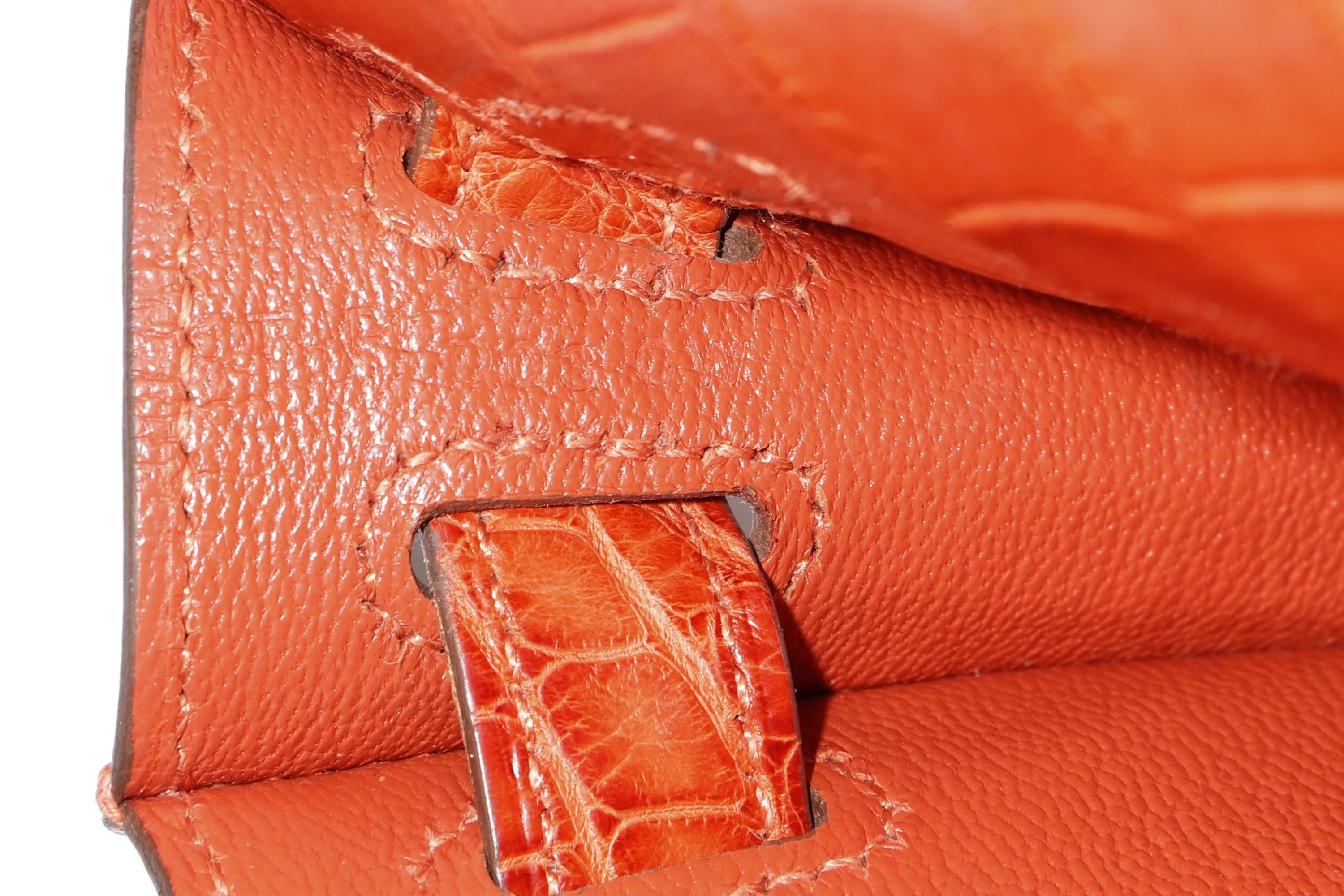 (EXOTIC) HERMES KELLY CUT [STAMP T (2015)] MATTE ORANGE ALLIGATOR SILVER HARDWARE, WITH BOX, NO DUST COVER