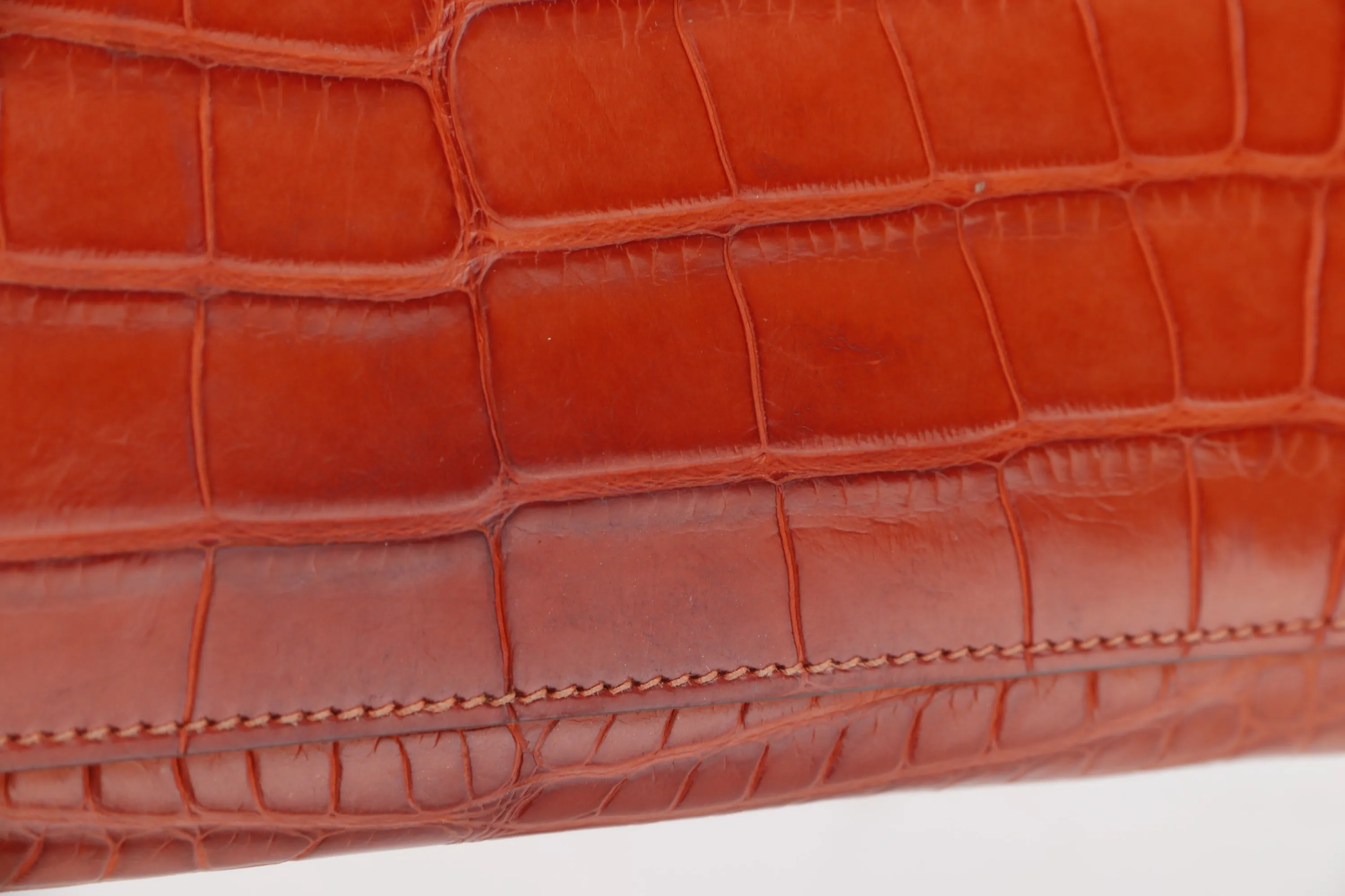 (EXOTIC) HERMES KELLY CUT [STAMP T (2015)] MATTE ORANGE ALLIGATOR SILVER HARDWARE, WITH BOX, NO DUST COVER