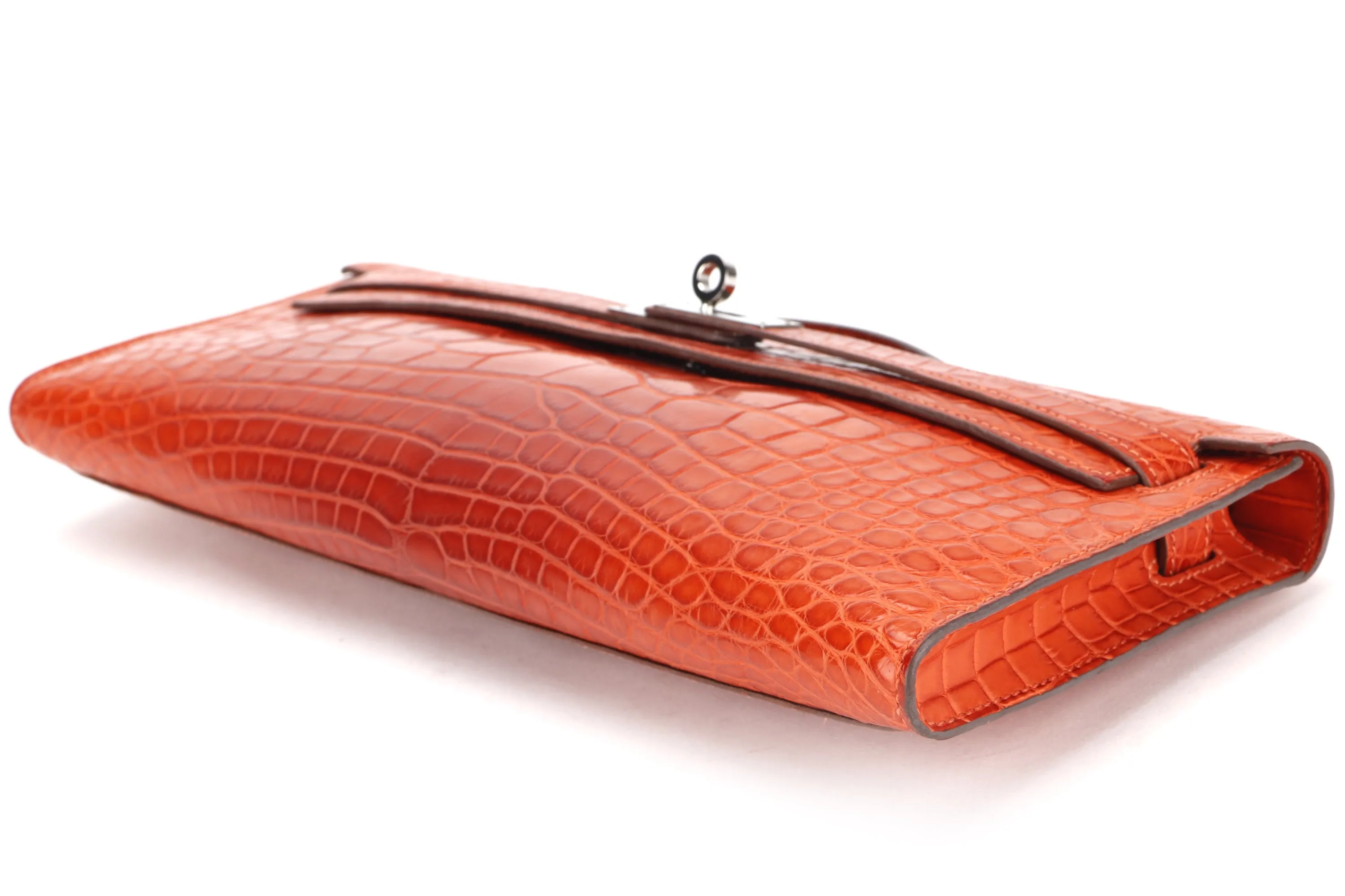 (EXOTIC) HERMES KELLY CUT [STAMP T (2015)] MATTE ORANGE ALLIGATOR SILVER HARDWARE, WITH BOX, NO DUST COVER