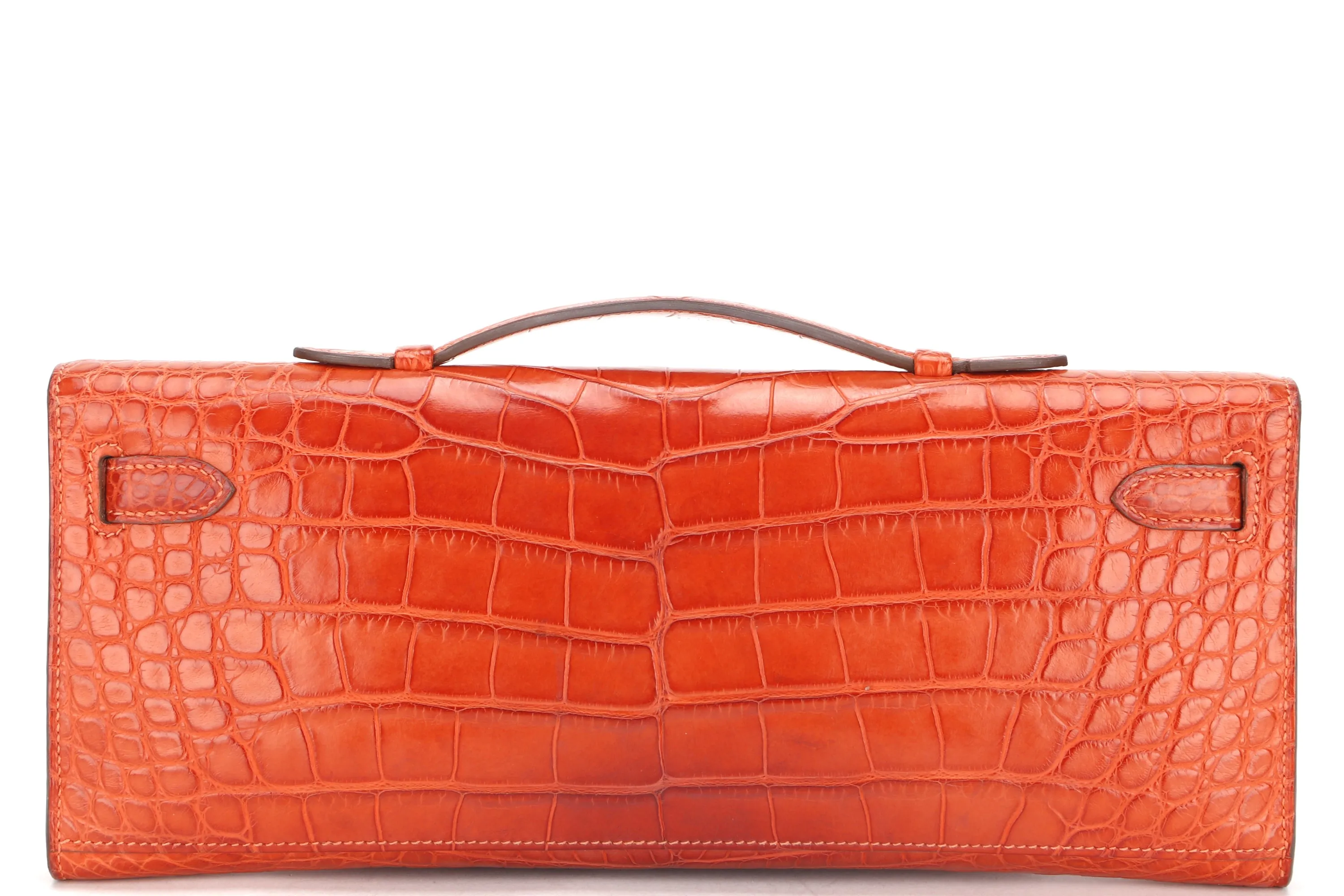 (EXOTIC) HERMES KELLY CUT [STAMP T (2015)] MATTE ORANGE ALLIGATOR SILVER HARDWARE, WITH BOX, NO DUST COVER