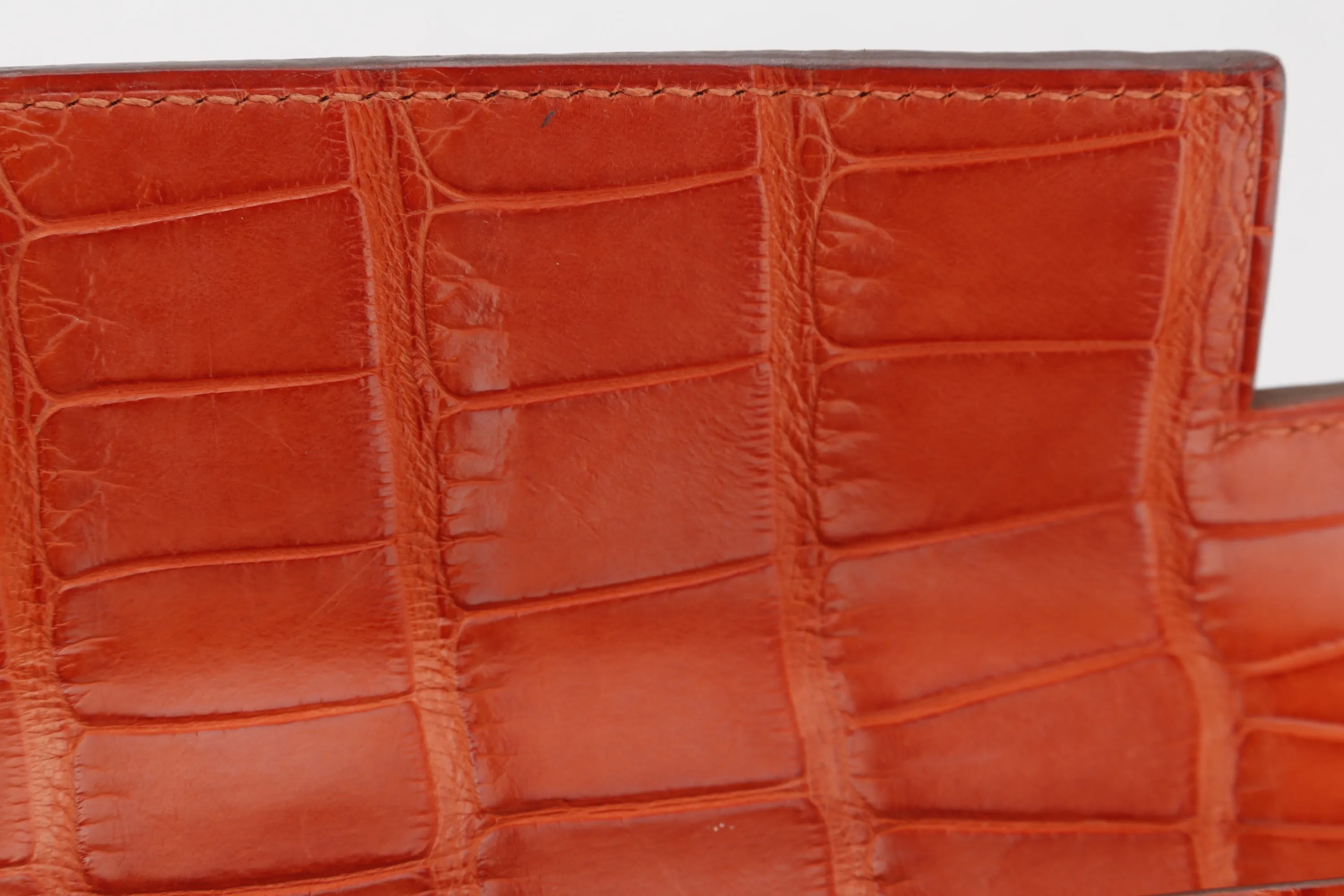 (EXOTIC) HERMES KELLY CUT [STAMP T (2015)] MATTE ORANGE ALLIGATOR SILVER HARDWARE, WITH BOX, NO DUST COVER