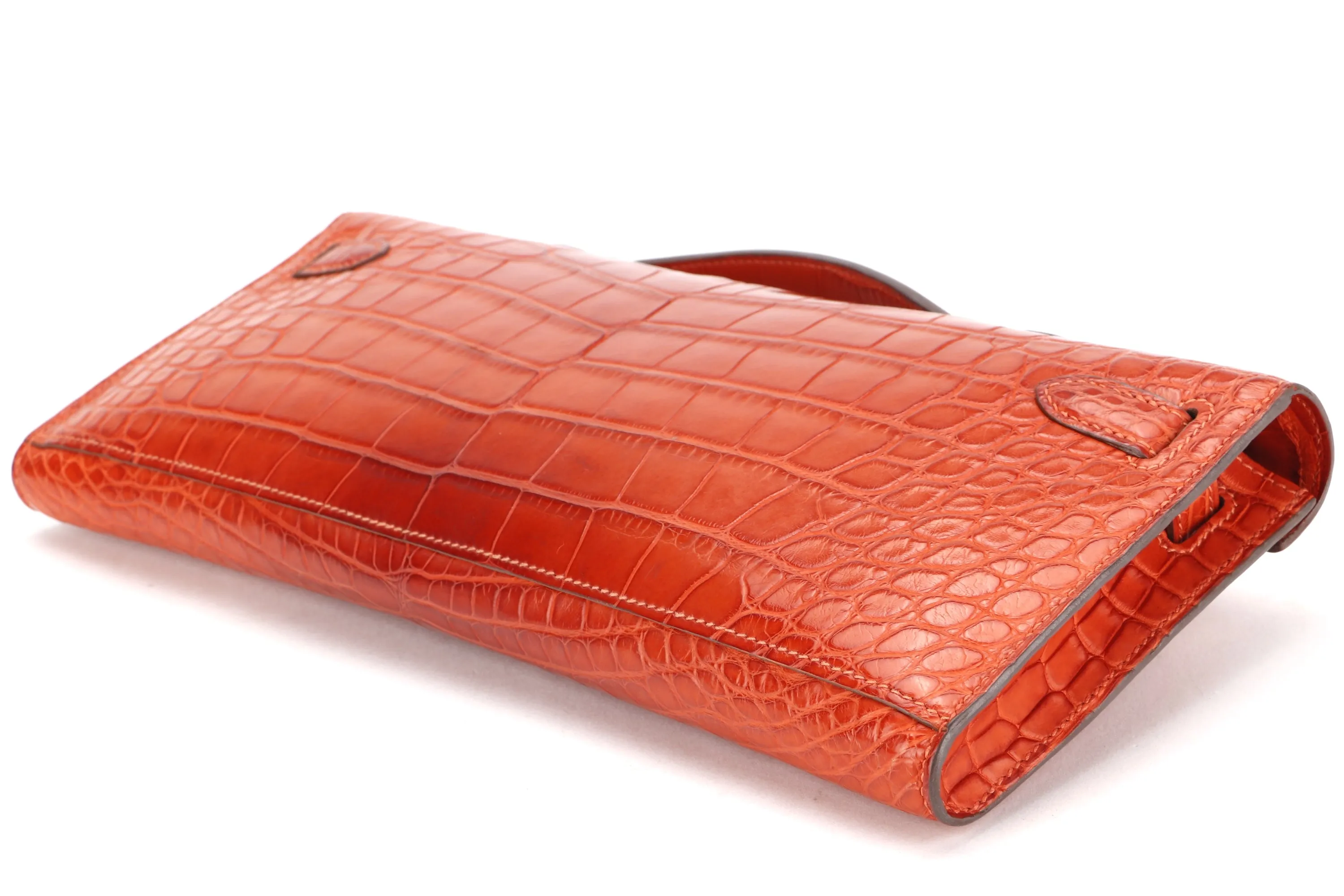 (EXOTIC) HERMES KELLY CUT [STAMP T (2015)] MATTE ORANGE ALLIGATOR SILVER HARDWARE, WITH BOX, NO DUST COVER