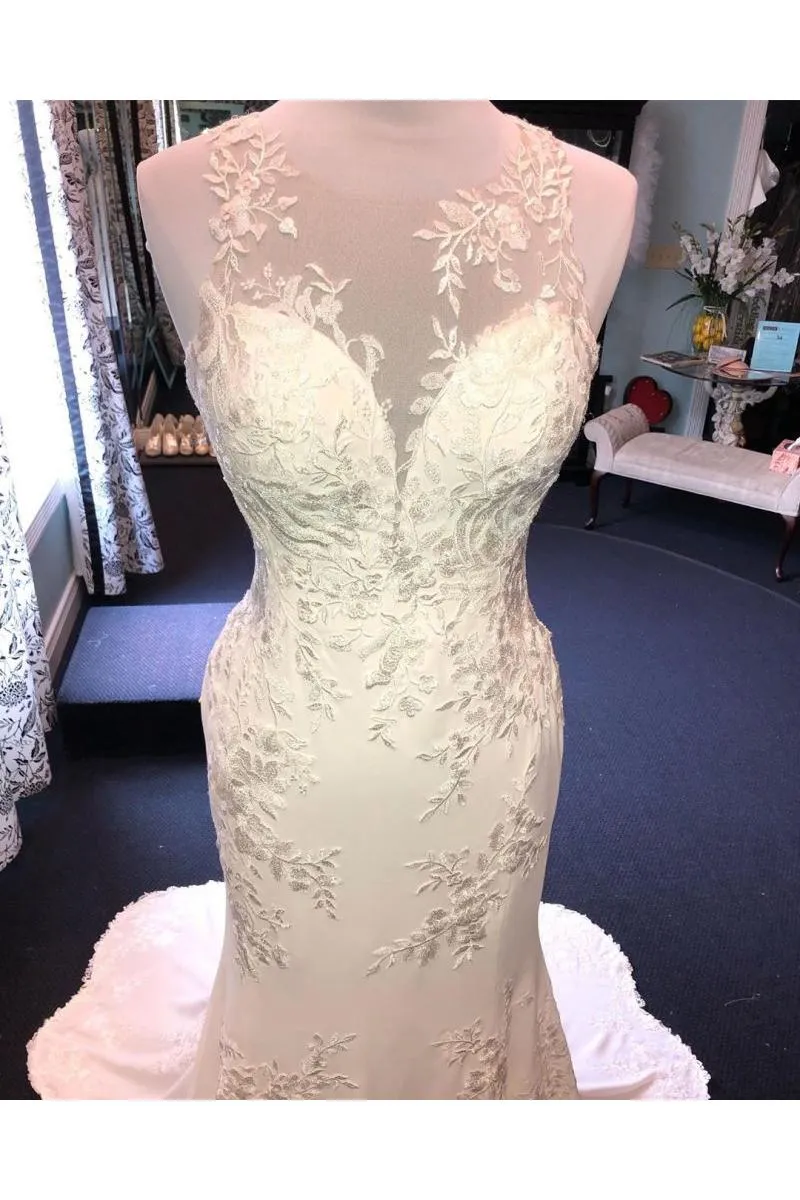 Exquisite Jewel Sleeveless Wedding Dress Sheath Tulle Lace Open Back Bridal Gown