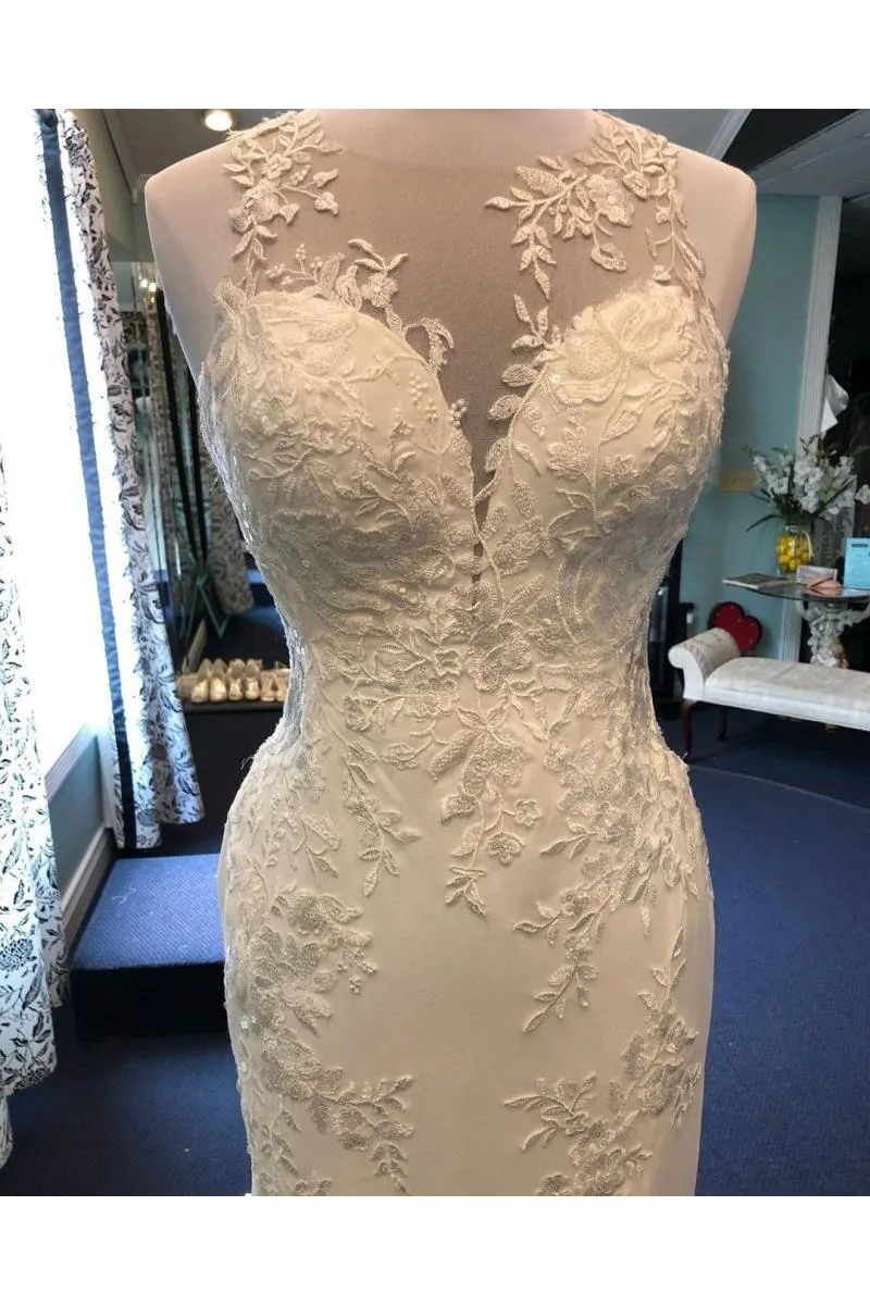 Exquisite Jewel Sleeveless Wedding Dress Sheath Tulle Lace Open Back Bridal Gown