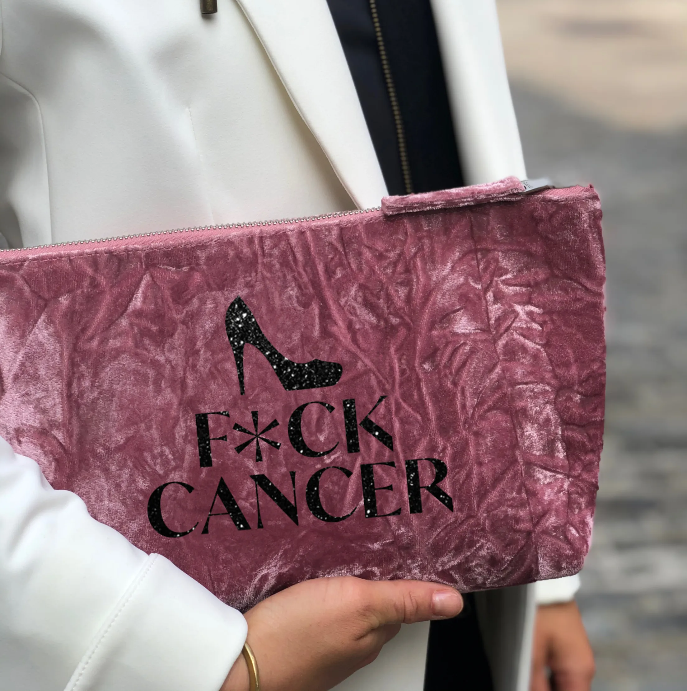 F*CK CANCER Clutch Bag- Black Glitter on Petal Pink Velvet