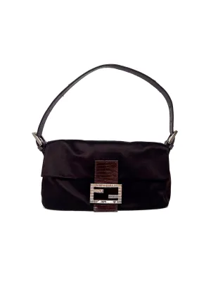 Fendi Chocolate Satin Lizard Trim Crystal Logo 'Baguette' Bag