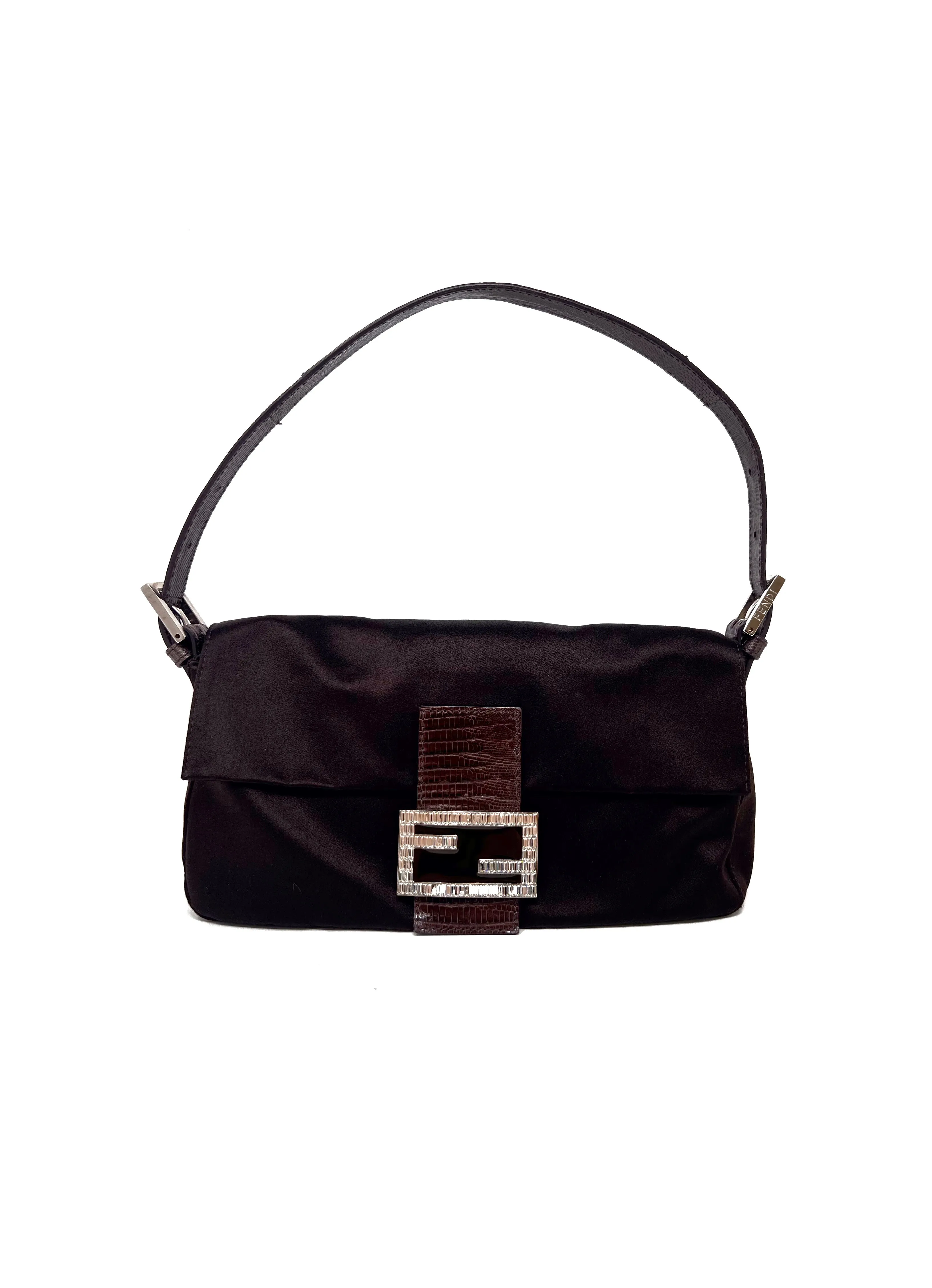 Fendi Chocolate Satin Lizard Trim Crystal Logo 'Baguette' Bag