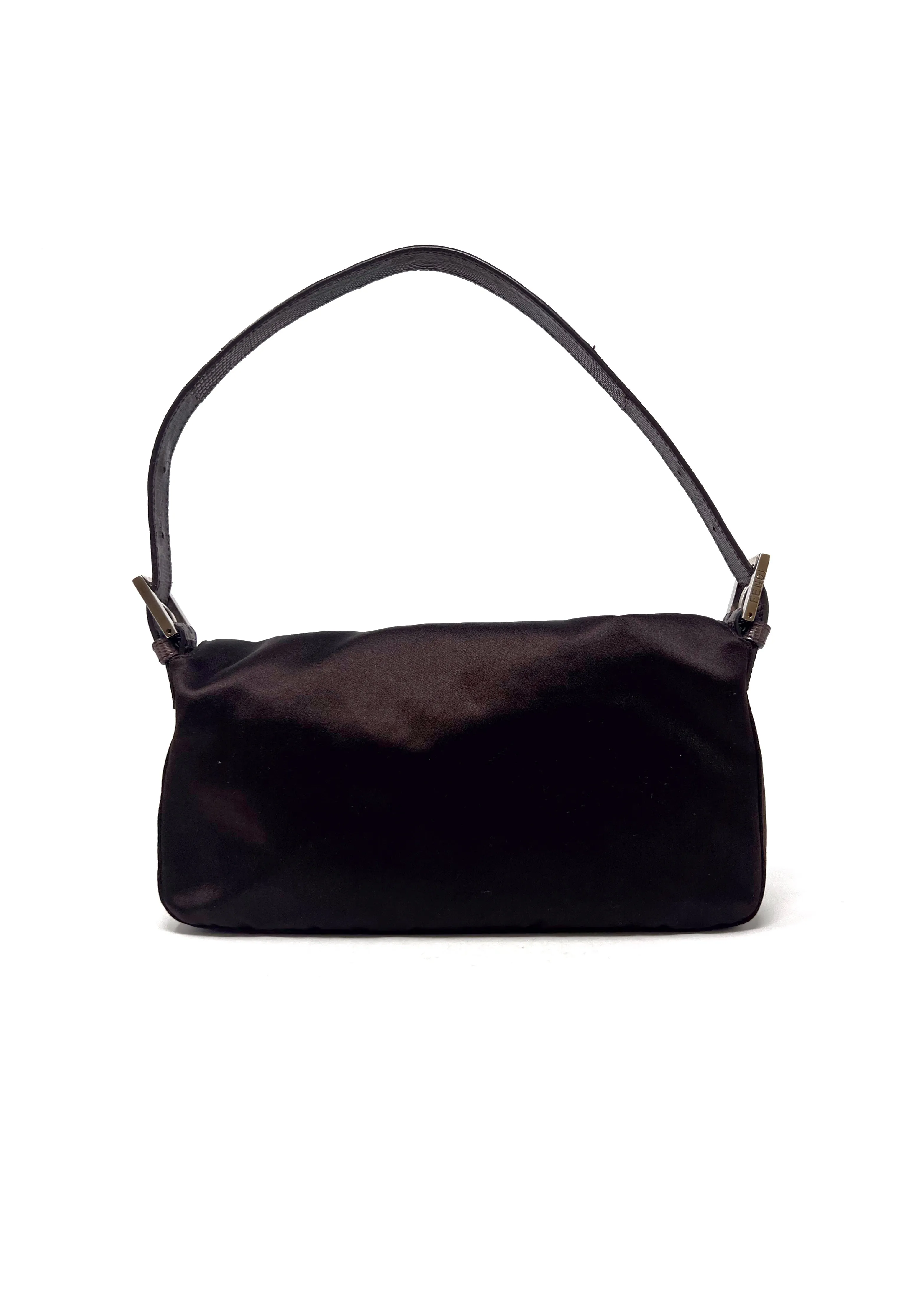Fendi Chocolate Satin Lizard Trim Crystal Logo 'Baguette' Bag