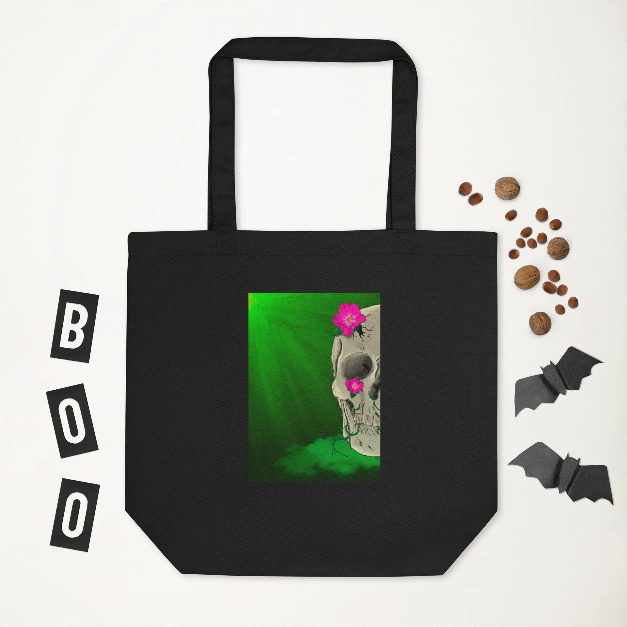 Floral Skull on Green Eco Tote Bag
