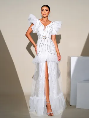 Fly Sleeve Ruffled Split Sequin Dress JMH3092