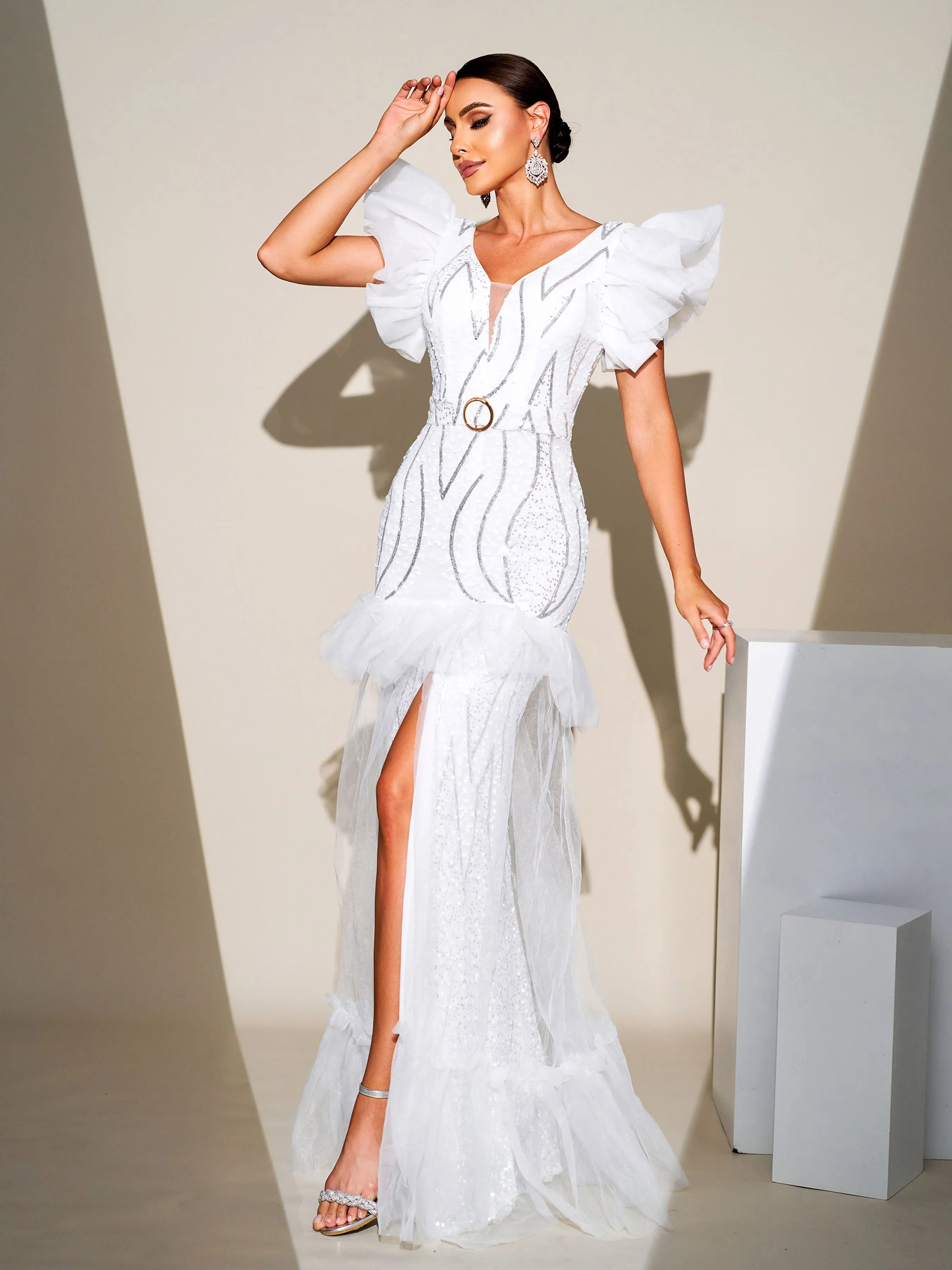 Fly Sleeve Ruffled Split Sequin Dress JMH3092